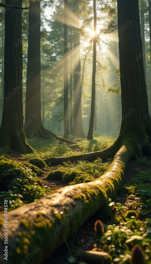 Poster Sunlight Filtering Through a Lush Forest, Moss-Covered Logs and Towering Trees Create a Tranquil Scene, Natural Light and Serene Atmosphere