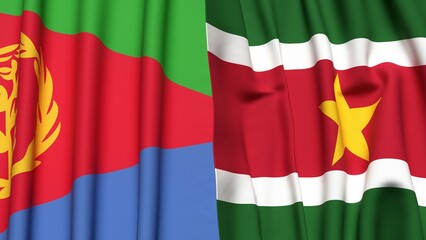 Fototapeta premium Flags of ERITREA and SURINAME with realistic cloth texture