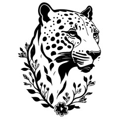 Graphic silhouette of a jaguar with floral elements