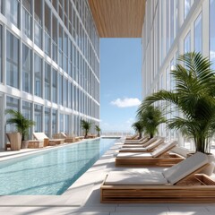 Fototapeta premium Contemporary architecture, sun-drenched terrace, breathtaking views from rooftop pool - day travel Contemporary