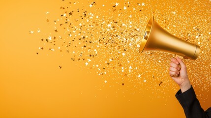 Golden megaphone spreading stars and sparkles on bright orange background