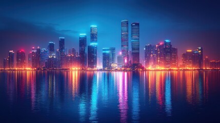 Fototapeta premium Night cityscape: Vibrant skyline reflected on tranquil waters