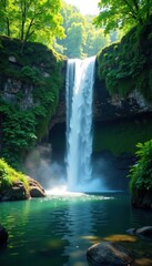 Waterfall with lush greenery, nature, forest