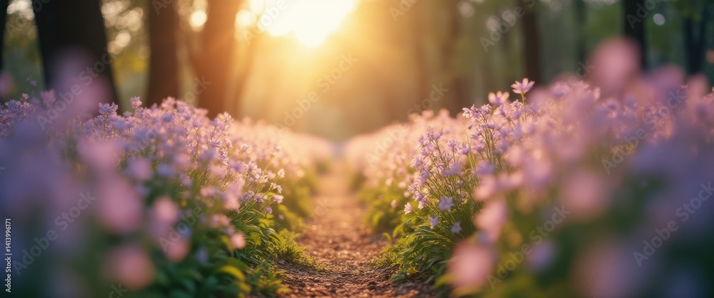 Poster lavender flowers line a path in a sunlit meadow, creating a tranquil and picturesque scene, capturin