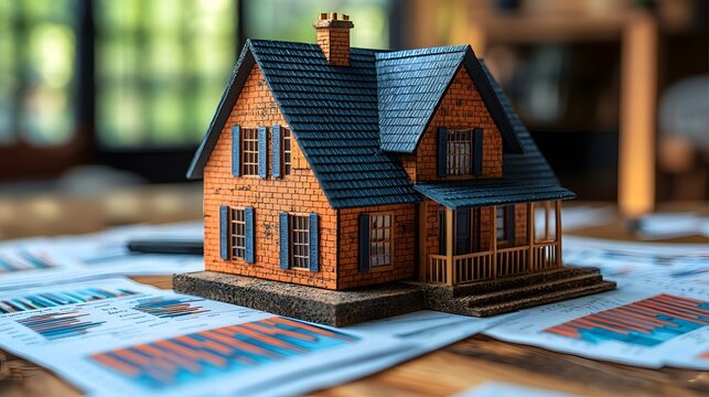 A miniature house model resting on financial reports and charts