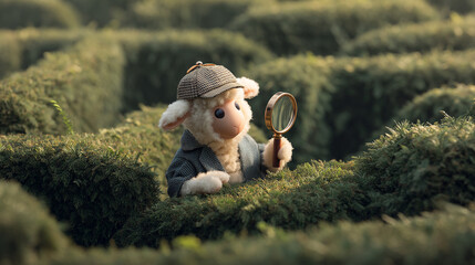 Sheep detective in maze with magnifying glass searching for clues mystery solving adventure plush toy