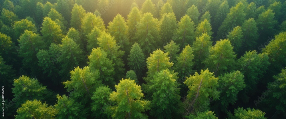 Poster aerial view of a dense forest canopy with lush green trees and golden sunlight filtering through the