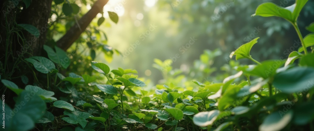 Poster Sunlight Shimmers Through Green Foliage in a Dense Forest Undergrowth, Creating a Serene and Refreshing Natural Environment