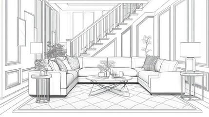 Detailed architectural drawing of a modern living room design.