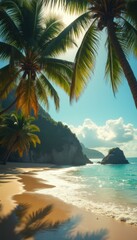 Naklejka premium Lush Tropical Beach with Palm Trees, Turquoise Water, and Dramatic Cliffs on a Sunny Day