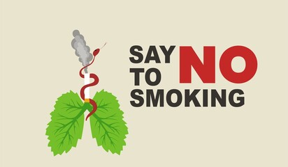 Say No to Smoking, Stop Smoking, Anti-Smoking Awareness illustration, lungs with leave shaped and a snake is tightly coiled around it, while smoke rises slowly from a burning cigarette