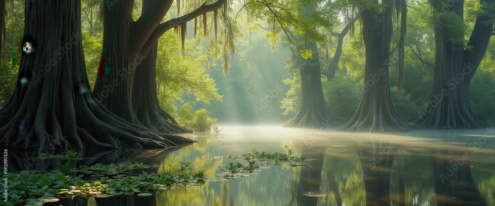 Poster serene swamp landscape with ancient trees and misty waters in a mystical forest