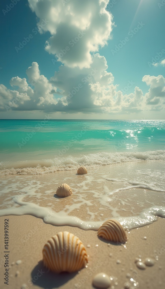 Aufkleber seashells on a tranquil beach with turquoise water and soft white sand under a sunny sky with puffy 