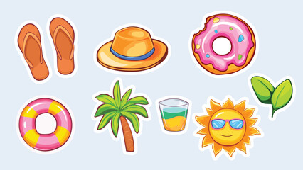 Set of vector stickers isolated from the background. Hats, sandals, sun, inflatable ring and other symbols of summer in the form of bright juicy illustrations.