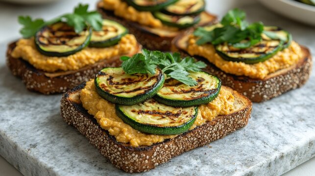 Vegan avocado toast with pumpkin seed spread and grilled zucchini on amaranth toast