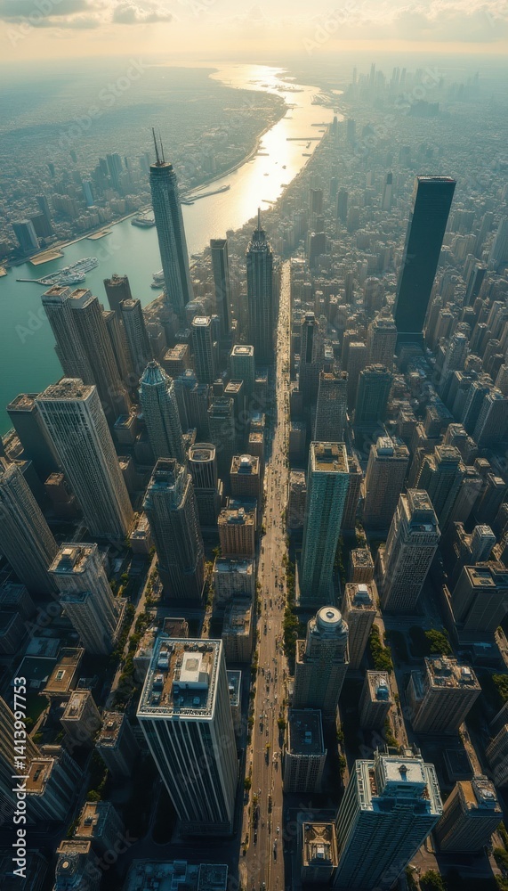 Poster dense urban cityscape aerial view with towering skyscrapers and a river reflecting sunlight, creatin