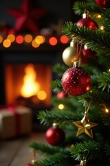 Close-up of festive Christmas tree ornament, red star, fireplace glow , green, fireplace, background