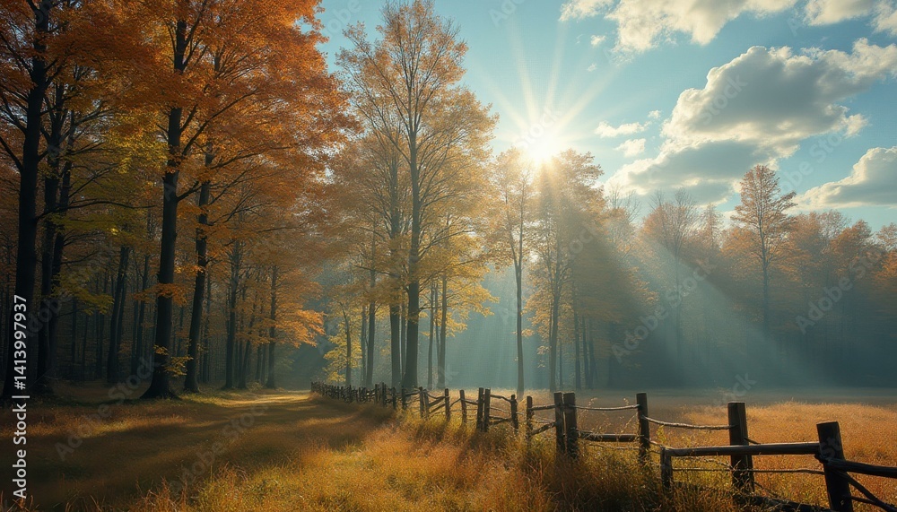 Poster autumnal sunlight illuminates a rustic fence bordering a forest path