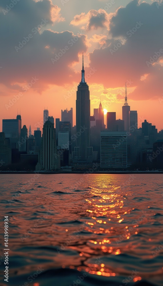 Aufkleber magnificent skyline illuminated by setting sun casting sparkling reflections on the tranquil water s