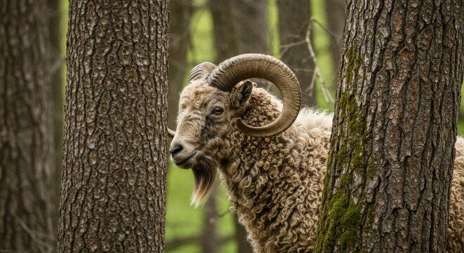 Majestic ram standing among tall trees in a serene forest, showcasing its impressive horns - curly horned goat