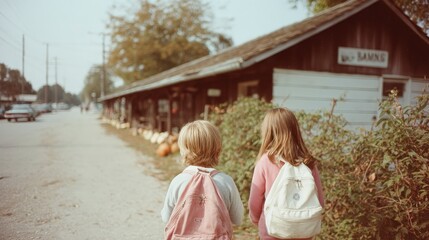 Children Walking Home  Rural Town  Backpacks  Autumn Day