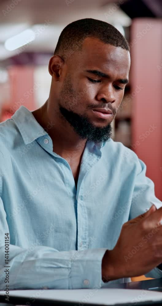 Poster frustrated man, student or paper with stress at library for project, assessment or university assign