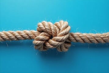 Fototapeta premium Close-Up Image of Knotted Rope Against a Bright Blue Background for Creative Projects and Artwork