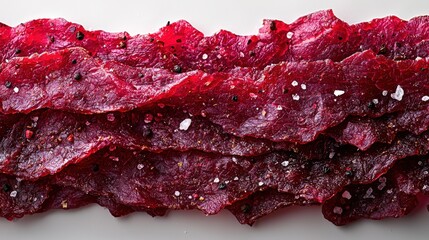 Fototapeta premium Close-up view of beef jerky showcasing rich texture with salt and pepper details