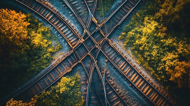 Aerial View of Railway Tracks Crossing with Lush Greenery