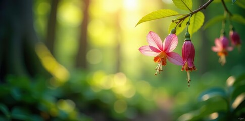 delicate blooms suspended from the forest canopy amidst sunlight filtering through, soft focus photography, flowers, suspension