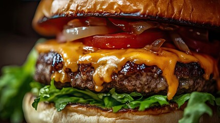a close up of a gourmet hamburger dripping