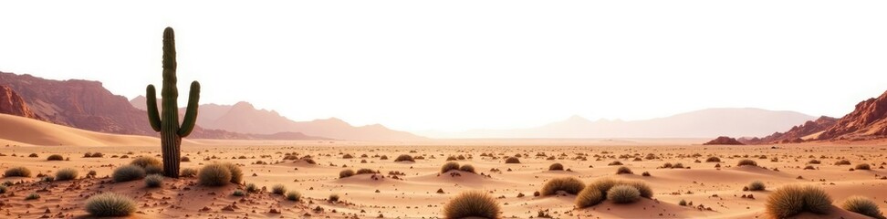 Desert landscape with cactus isolated on white background, silence, isolation