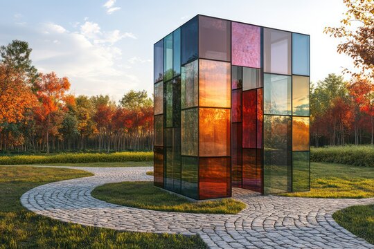 A contemporary unity monument featuring overlapping glass panels in varying shades of color, placed in an open-air park with a