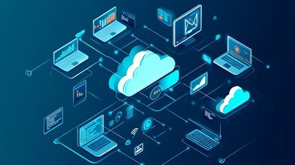Fototapeta premium Modern cloud computing network digital technology illustration web data blue neon cyber server laptop