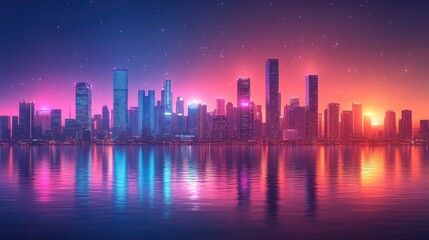 Fototapeta premium Neon Cityscape at Sunset: A Vibrant Metropolis Reflected in Tranquil Waters