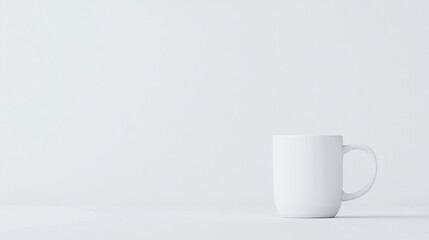 A simple white mug sits against a minimalistic light background, emphasizing its clean and modern design.