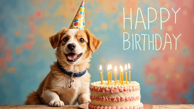 cute happy dog ​​in a birthday cap sits at a table in front of a cake with burning candles on a bright multi-colored background with the inscription HAPPY BIRTHDAY