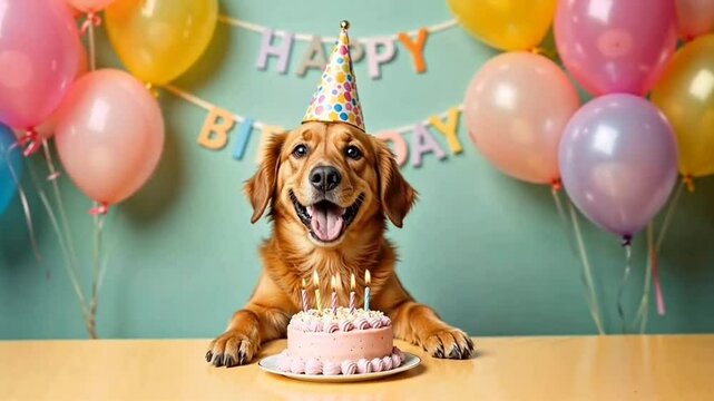 cute happy dog ​​in a birthday cap sits at a table in front of a cake with burning candles on a bright multi-colored background with the inscription HAPPY BIRTHDAY