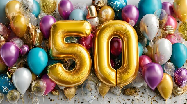 Golden number fifty balloons surrounded by colorful balloons for a celebration. 50th birthday banner.