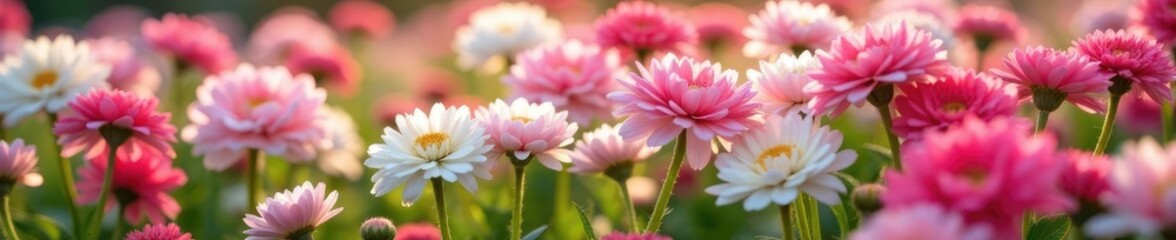 Obraz premium Pink and white ranunculus flowers create a colorful field, white flowers, pink ranunculus, garden blooms