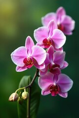 Obraz premium Pink and white orchid flowers on a branch with leaves and stems, nature, leaves