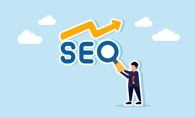 Businessman holding a magnifying glass to complete SEO keywords, showing an increasing arrow, illustration of business sales or performance improvement through SEO research
