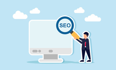 Businessman standing beside a monitor holding a magnifying glass with the word SEO, illustration of applying SEO for optimizing business performance and growth