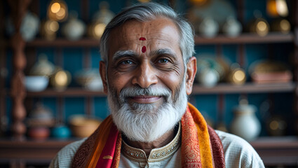 Obraz premium Wisdom and Warmth in the Face of an Elderly Indian Man with a Grey Beard, Textured Skin, and Gentle Gaze