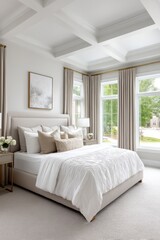 Bright and airy bedroom with white walls and large windows - curtains comfortable minimalistic calm