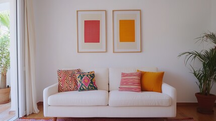 Fototapeta premium Bright living room with modern white sofa small space design cozy environment inviting viewpoint