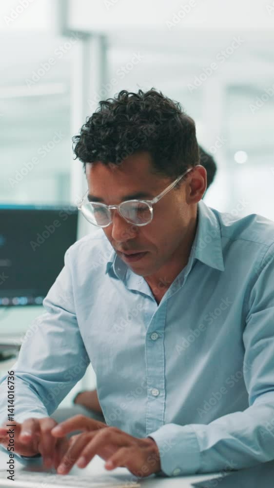 Poster Glasses, coding and business man in office for software update, game development and typing. Keyboard, serious developer and computer for programming online, creative design and test app for project