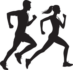 Active Couple Run Pose Silhouette Vector
