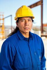 A native american construction worker wearing a yellow hard hat and blue uniform gazes intently at the camera, showcasing determination at a construction site. Generative AI.