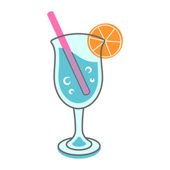 Y2k sticker. Cartoon simple sticker. Colorful cocktail with a pink straw and orange slice. Ideal for summer, beach, or party designs